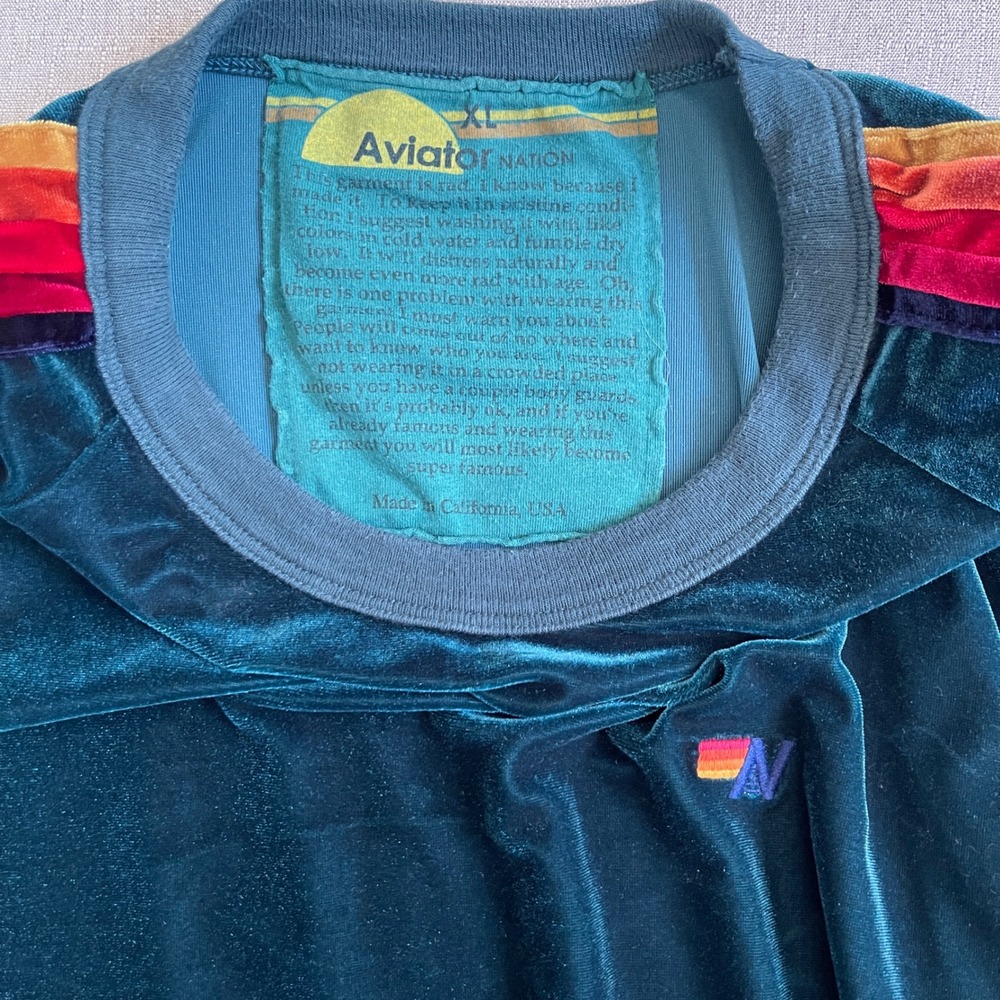 Aviator Nation Relaxed Velvet 5 Stripe Rainbow Sweatshirt Women XL Green $230 - Picture 6 of 13